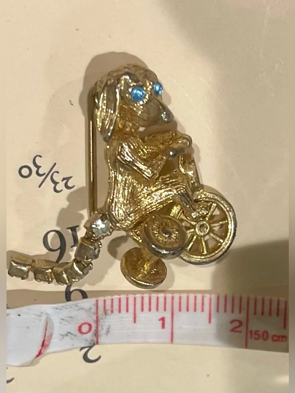 Frank Gargano Rare Puppy on Tricycle Brooch w/ Blue Topaz Eyes & Rhinestone Tail